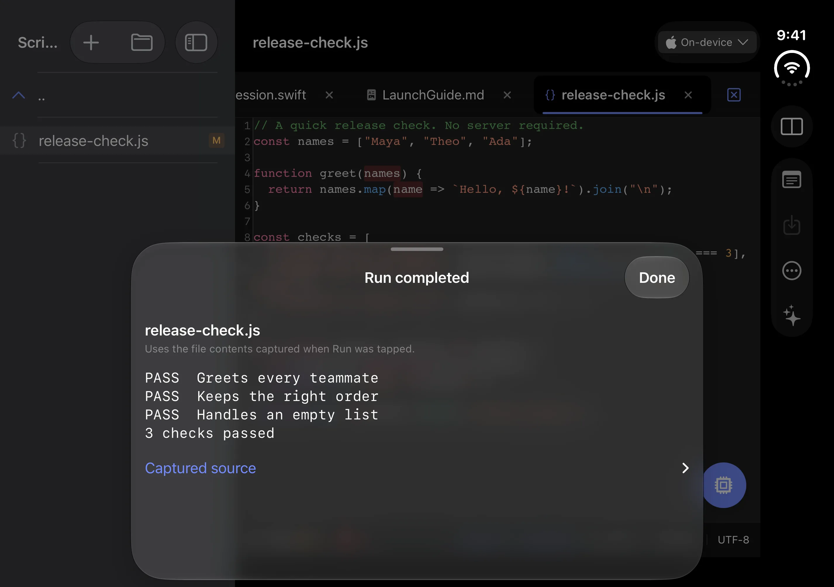 Deskless 2.1 preview on the iPhone Duo simulator, showing a local JavaScript run and its console output